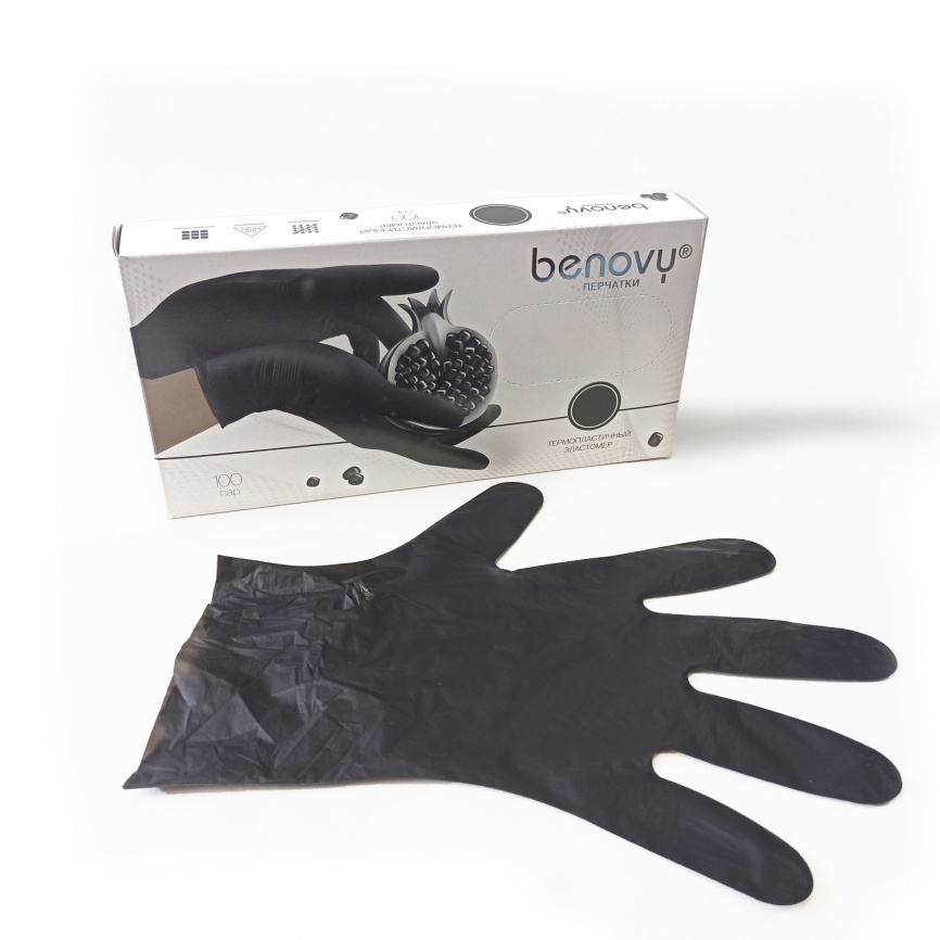 Перчатки Benovy TPE, термопластичный эластомер, Чёрные, размер L, 100 пар фото 1