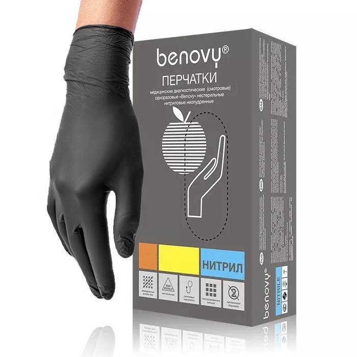 Перчатки нитриловые текстурированные Benovy, размер М, Чёрные фото 1